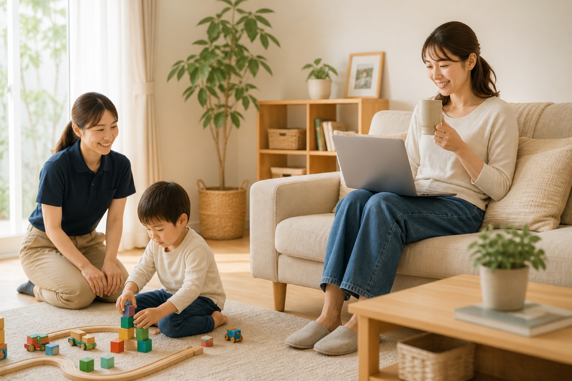 子どもを見守りながら作業する母親とスタッフ